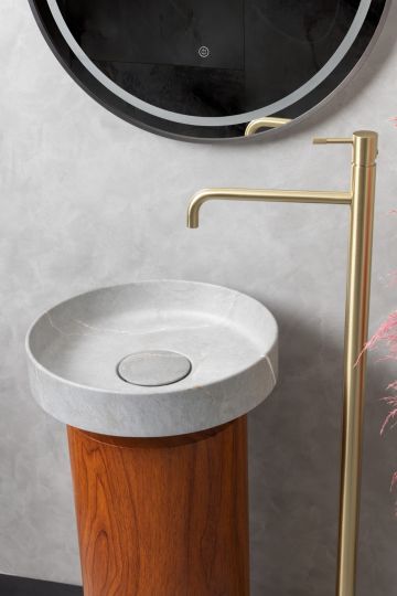 Напольная раковина Sole Corian 40x13 см, белая раковина, деревянный пьедестал схема 3