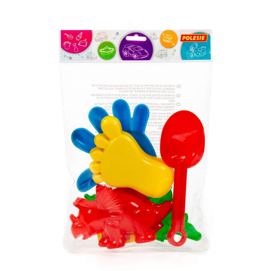 Набор №371: совок №7, формочки (динозавр №1 + динозавр №2 + ладошка + ножка) (в пакете)