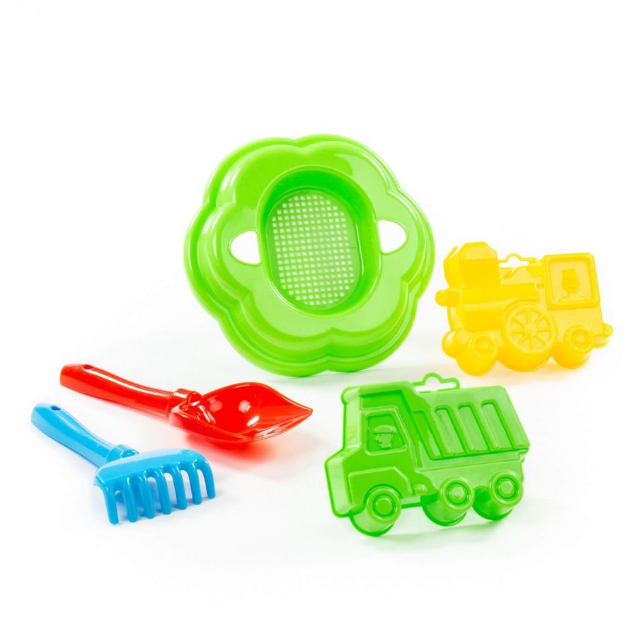 Набор №89: ситечко-цветок большое, лопатка №5, грабельки №5, формочки (самосвал + паровоз)