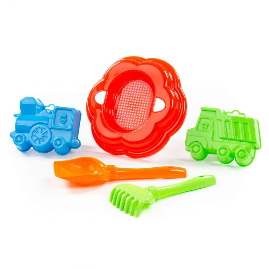 Набор №89: ситечко-цветок большое, лопатка №5, грабельки №5, формочки (самосвал + паровоз)