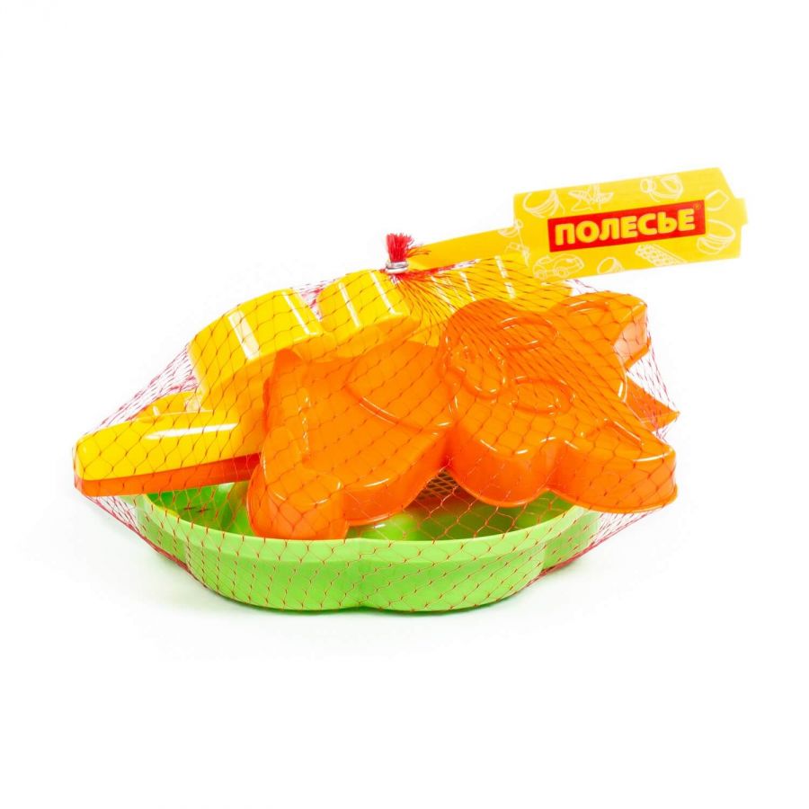 Набор №90: ситечко-цветок большое, лопатка №5, грабельки №5, формочки (котёнок + медведь)