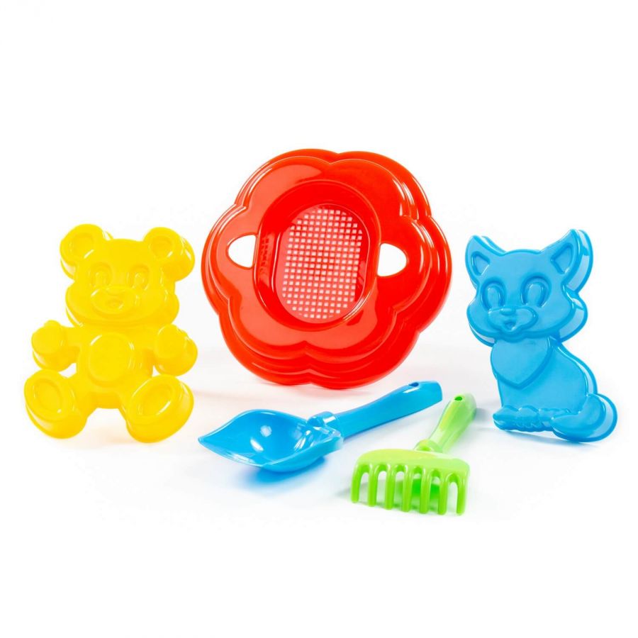 Набор №90: ситечко-цветок большое, лопатка №5, грабельки №5, формочки (котёнок + медведь)