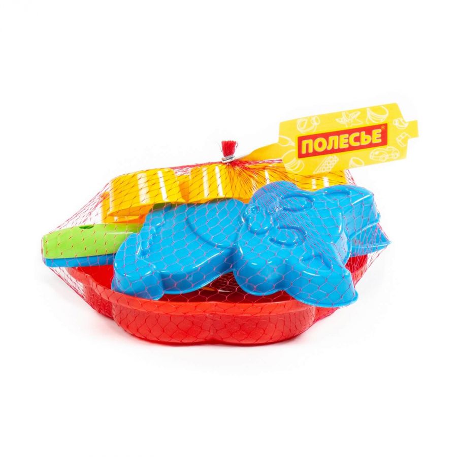 Набор №90: ситечко-цветок большое, лопатка №5, грабельки №5, формочки (котёнок + медведь)