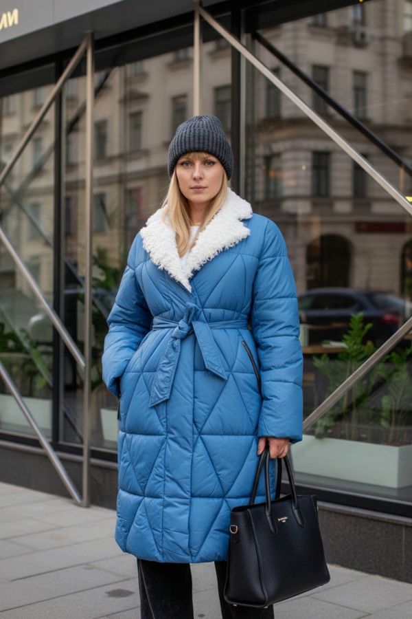Стеганое пальто с меховой отделкой арт. 2818 [голубой]