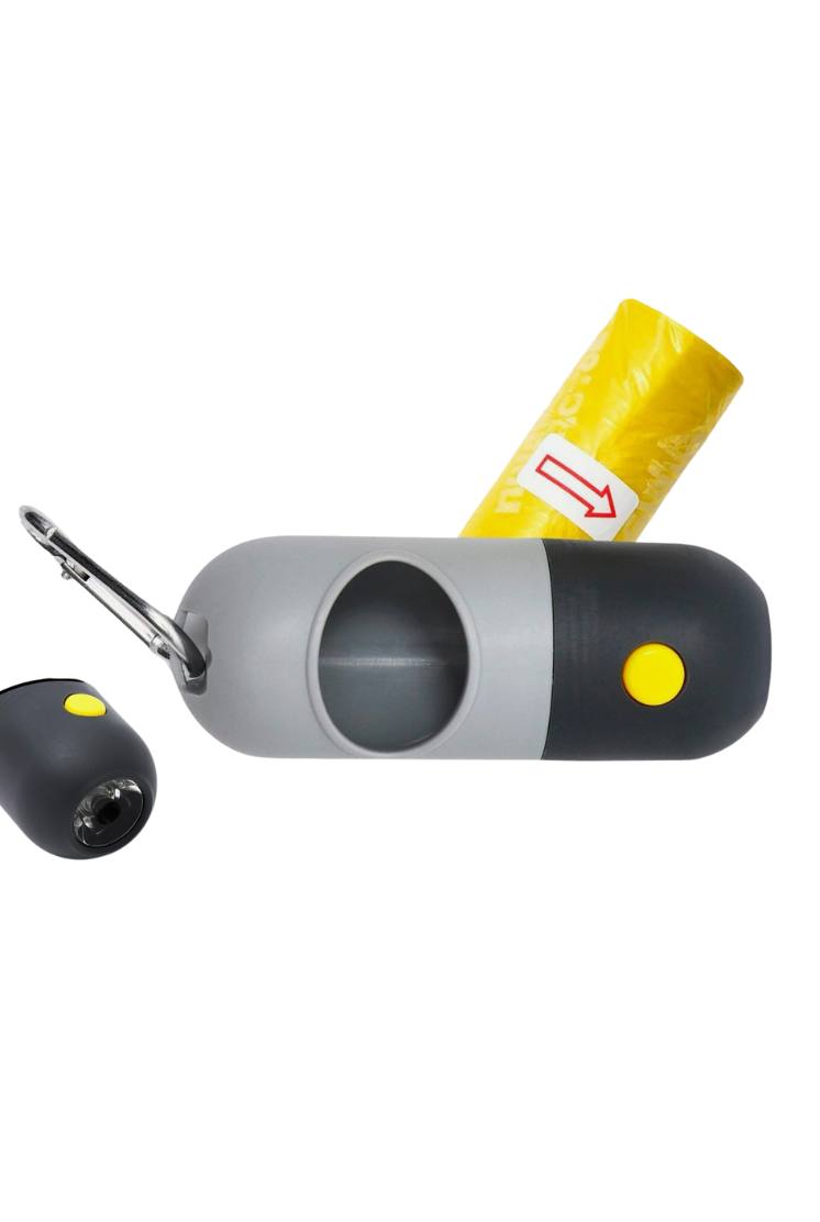 Контейнер с фонариком, пакеты для уборки за собаками (рулон 15 шт), серый