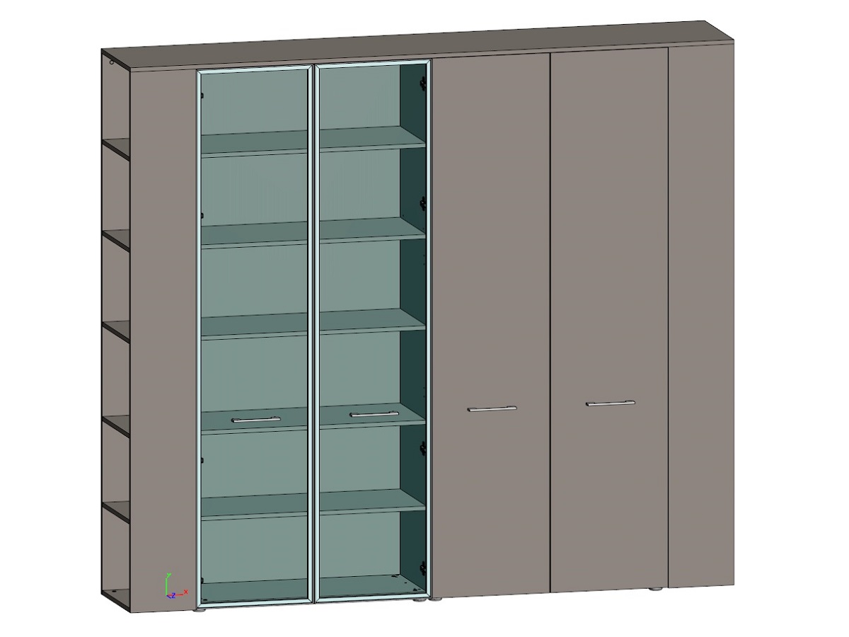 Шкаф высокий и гадероб с боковыми  стеллажами (двери в ал. рамке, стекло прозрачное и ЛДСП)