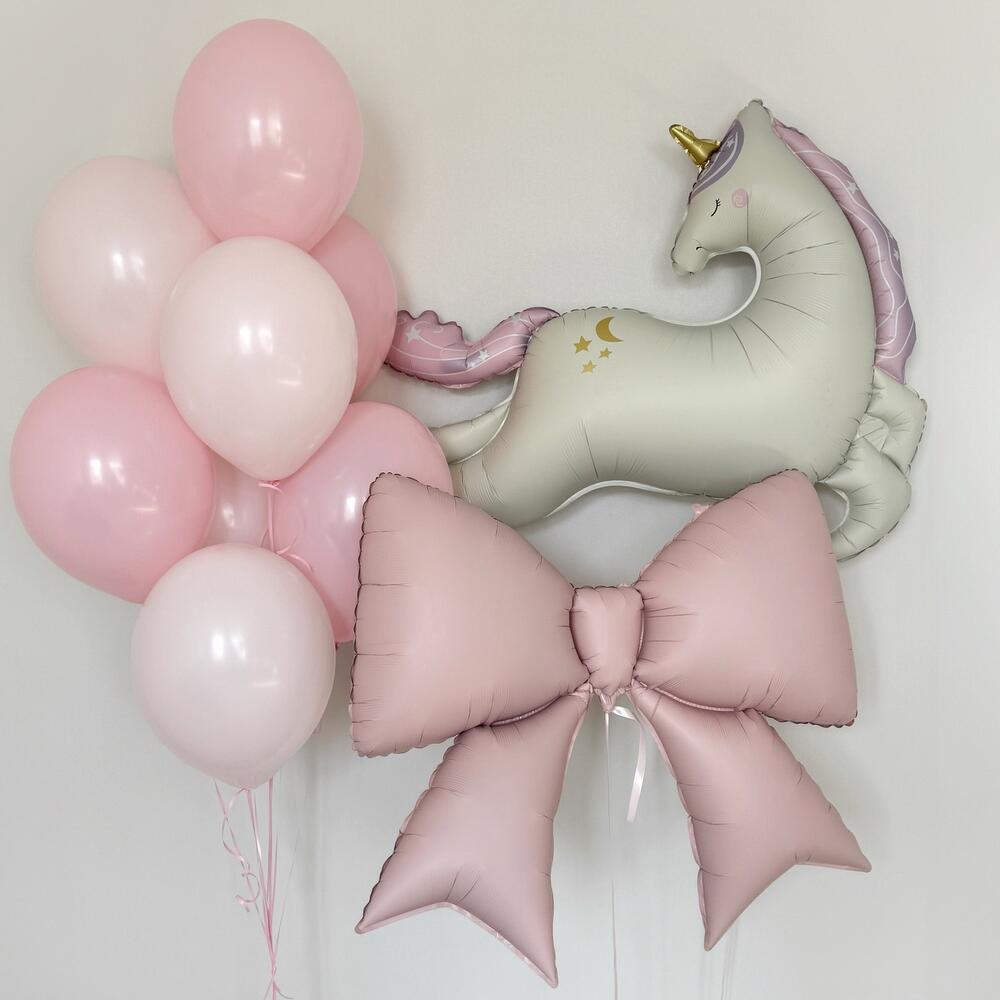 Сет с бантиком и новым единорогом из шаров с гелием