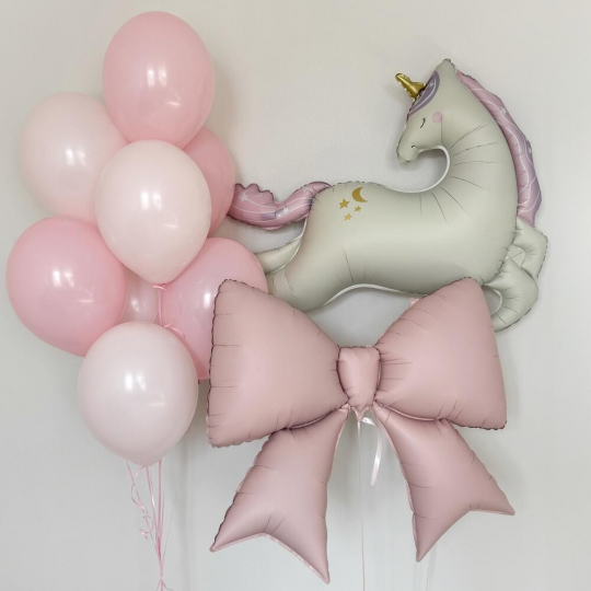 Сет с бантиком и новым единорогом из шаров с гелием
