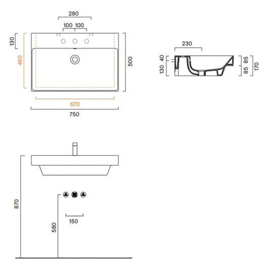 Раковина Catalano Zero 120751001 75x50 см с 1 отверстием цвет белый глянцевый схема 2