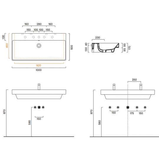 Раковина Catalano Zero 121000001 100x50 см без отверстий цвет белый глянцевый схема 2