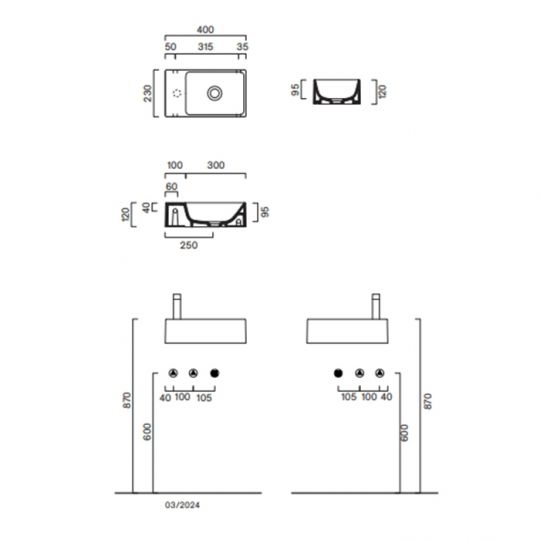 Раковина Catalano Premium 220410023 40x23 см без отверстий цвет Cemento Satinato схема 2