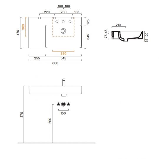 Раковина Catalano Premium 220830001 80x47 см чаша справа без отверстий цвет белый глянцевый схема 2