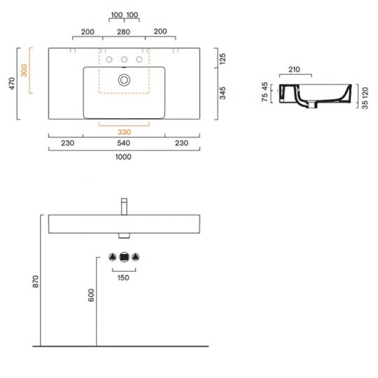 Раковина Catalano Premium 221011001 100x47 см чаша в центре с 1 отверстием цвет белый глянцевый схема 2