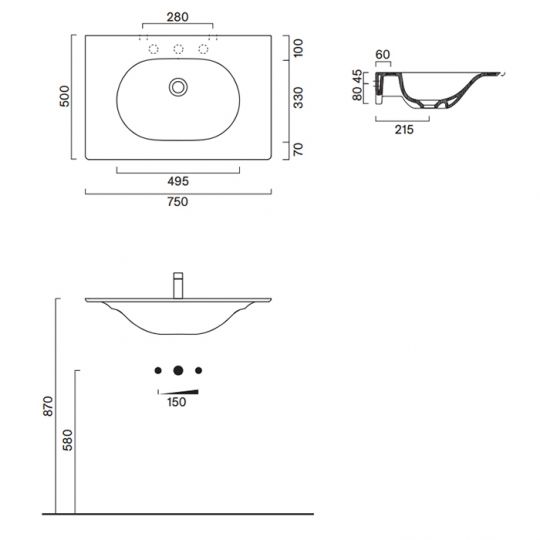 Раковина Catalano Sfera 520761001 75x50 см с 1 отверстием цвет белый глянцевый схема 2