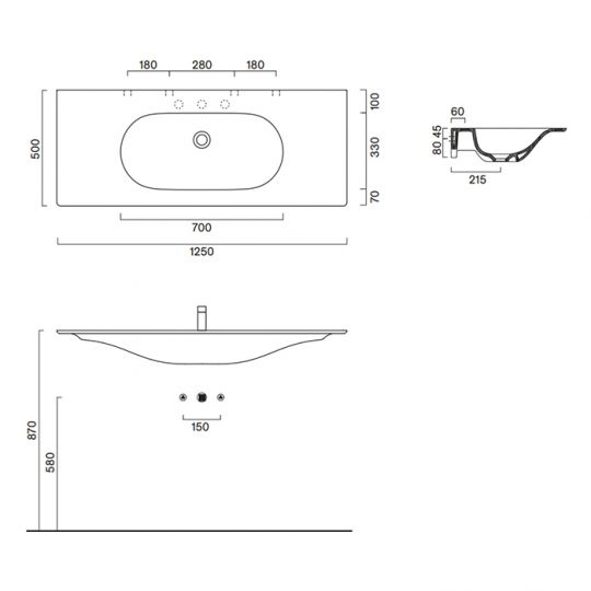Раковина Catalano Sfera 521260023 125x50 см без отверстий цвет Cemento Satinato схема 2