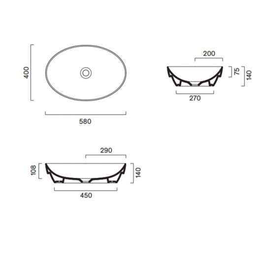 Раковина Catalano Sfera накладная или полувстраиваемая 58х40см цвет: белый глянцевый 524580001 схема 2 Раковина Catalano Sfera накладная или полувстраиваемая 58х40см цвет: белый глянцевый 524580001 схема 2