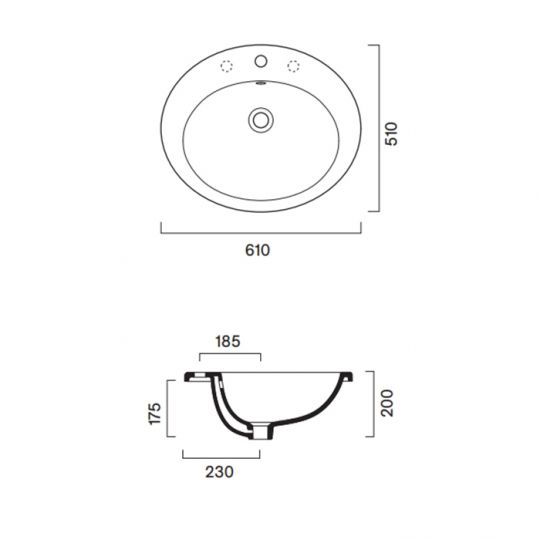 Раковина Catalano Italy 725611001 61x51 см встраиваемая с 1 отверстием цвет белый глянцевый схема 2