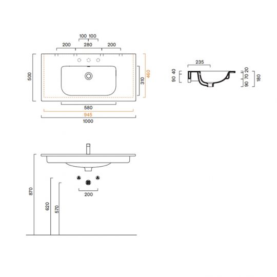 Раковина подвесная Catalano Italy 100x50 см покрытие Cataglaze+ цвет белый глянцевый схема 3