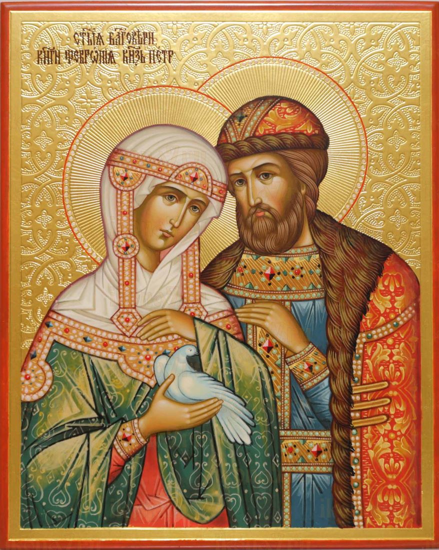 Петр и Феврония Муромские 17х21см рукописная икона(Палех)(чеканка на сусальном золоте)