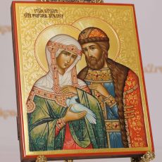 Петр и Феврония Муромские 17х21см рукописная икона(Палех)(чеканка на сусальном золоте)