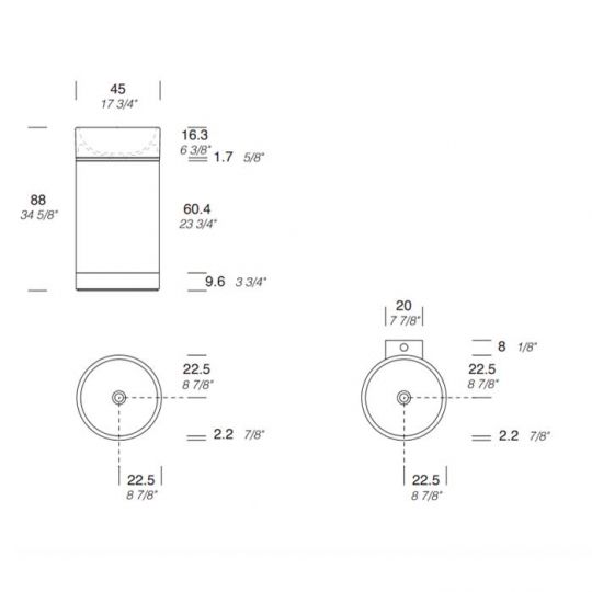Раковина напольная NOORTH Milldue edition ROMA II 45х45x88 см слив в пол, основ Rovere nero, корп Mezza Fiamma, вставка Platino, раков Bianco opaco схема 2
