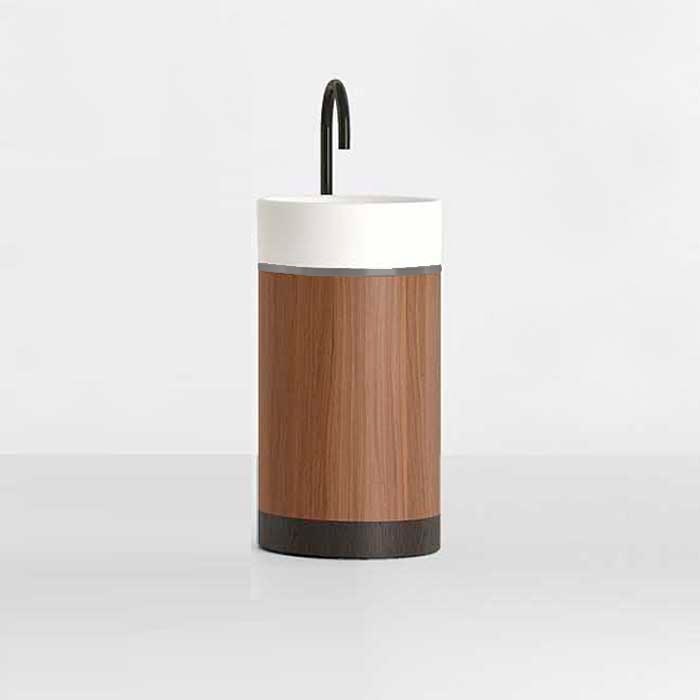 Изображение Раковина напольная NOORTH Milldue edition ROMA II 45х45x88 см слив в пол, основ Rovere nero, корп Noce Canaletto, вставк Platino, раков Bianco opaco