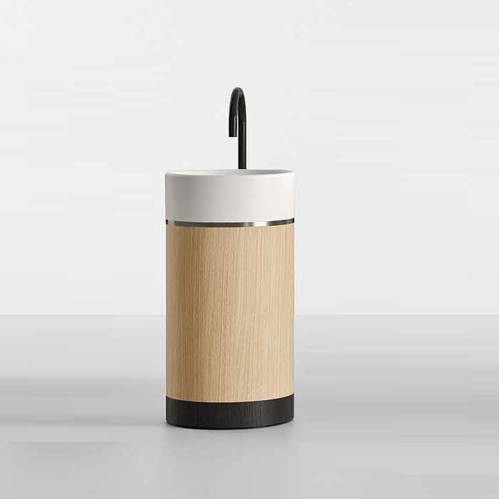 Изображение Раковина напольная NOORTH Milldue edition ROMA II 53х53x88 см слив в пол, основ Rovere nero, корп Mezza Fiamma, вставка Platino, раков Bianco opaco