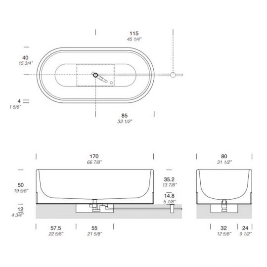 Ванна отдельностоящая NOORTH Milldue edition ROMA F 170x80х50см, без перелива, с сифоном, цоколь Grafite, цвет: Bianco Carrara схема 2