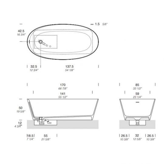 Ванна отдельностоящая NOORTH Milldue edition AZUMA 170х85х50см, с сифоном, cristalplant, цвет белый матовый схема 2