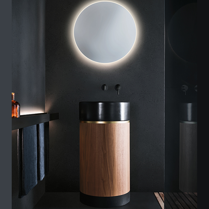 Изображение Раковина напольная NOORTH Milldue edition ROMA II 45х45x88 см слив в пол, основ Rovere nero, корп Noce Canaletto, вставк Oro, раков Nero opaco