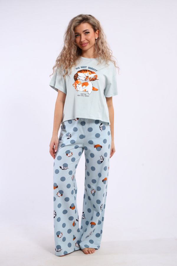 Костюм домашний арт. КД-00-007 [бирюза/котята-горошки]