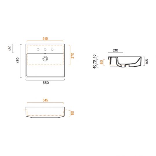 Раковина полувстраиваемая Catalano ZERO 55x47 см покрытие Cataglaze+ белая глянцевая схема 2