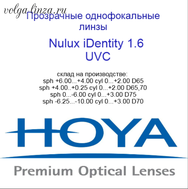 HOYA Nulux IDentity  STRX 1,6 HVLL UV Control  линзы по технологии Freeform