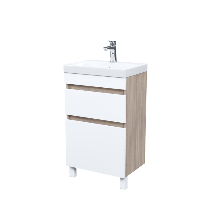 Тумба с умывальником напольная с ящиками, 50 см, белая/под дерево, Zodiac, IDDIS, ZOD5ABFi95K