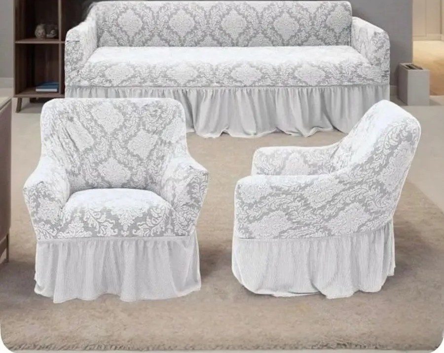 Комплект чехлов на 3-х местный диван и 2 кресла с оборкой Жаккард ,белый