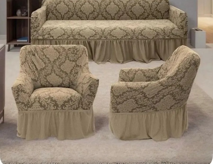 Комплект чехлов на 3-х местный диван и 2 кресла с оборкой Жаккард ,бежевый