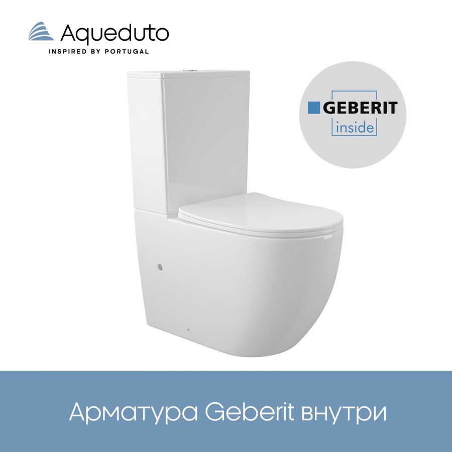 Aqueduto комплект: OVO Унитаз напольный 630*385 безободковый с бачком, сиденье с микролифтом, белый глянцевый