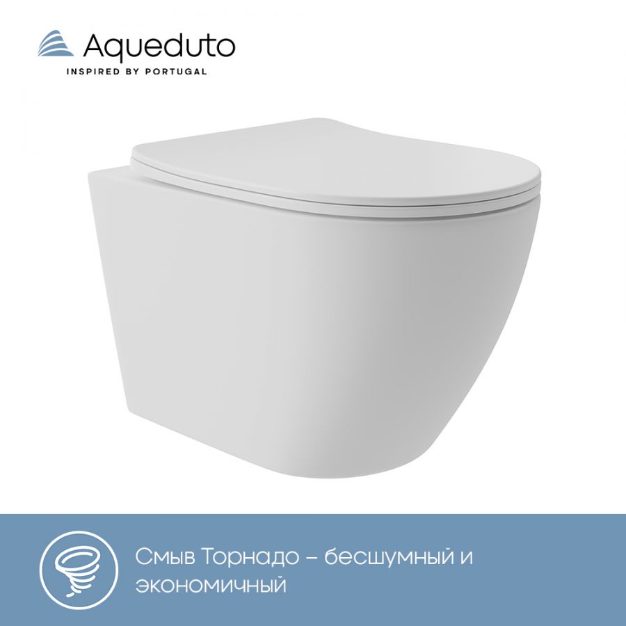 Aqueduto OVO Plus Унитаз подвесной 520*365 безободковый, Tornado, сиденье с микролифтом, Белый