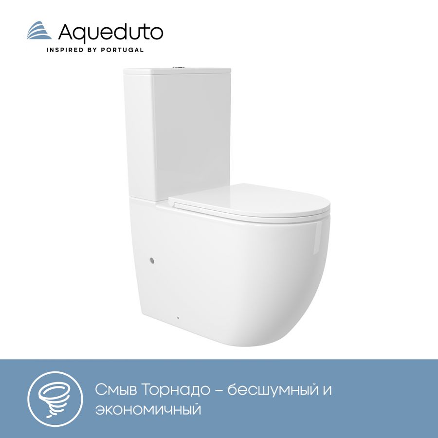 Aqueduto комплект: OVO Plus Унитаз напольный 660*360 безободковый с бачком, Tornado, сиденье с микролифтом, белый глянцевый