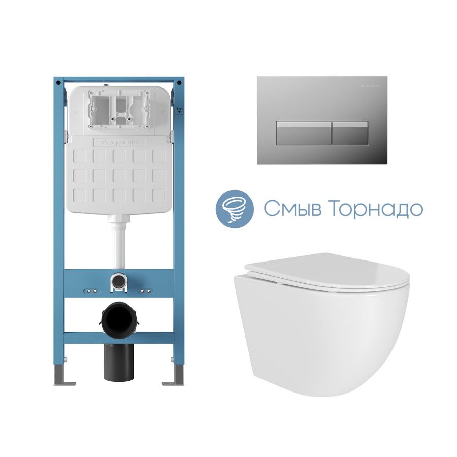 Aqueduto комплект: TECNICA Novo Система инсталляции для подвесного унитаза, RETANGULO Novo Панель смыва, хром, OVO Daily Унитаз подвесной 480*360 безободковый, Tornado, сиденье с микролифтом, белый глянцевый