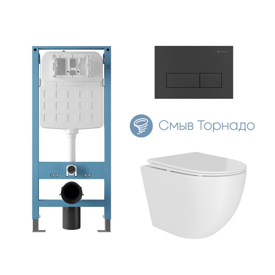 Aqueduto комплект: TECNICA Novo Система инсталляции для подвесного унитаза, RETANGULO Novo Панель смыва, черный матовый, OVO Daily Унитаз подвесной 480*360 безободковый, Tornado, сиденье с микролифтом, белый глянцевый
