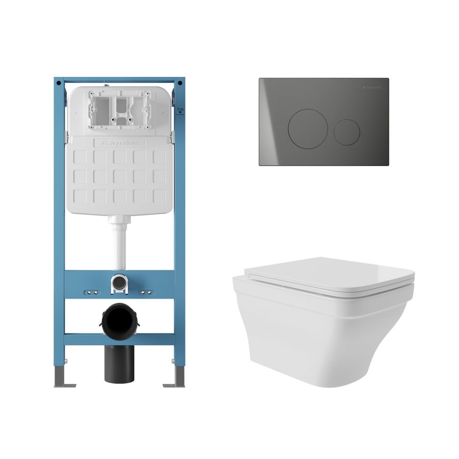 Aqueduto комплект: TECNICA Novo Система инсталляции для подвесного унитаза, CIRCULO Novo Панель смыва, Gun Metal, ESTETA Унитаз подвесной 520*370 безободковый, сиденье с микролифтом, белый глянцевый