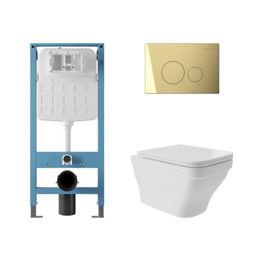 Aqueduto комплект: TECNICA Novo Система инсталляции для подвесного унитаза, CIRCULO Novo Панель смыва, Золото, ESTETA Унитаз подвесной 520*370 безободковый, сиденье с микролифтом, белый глянцевый