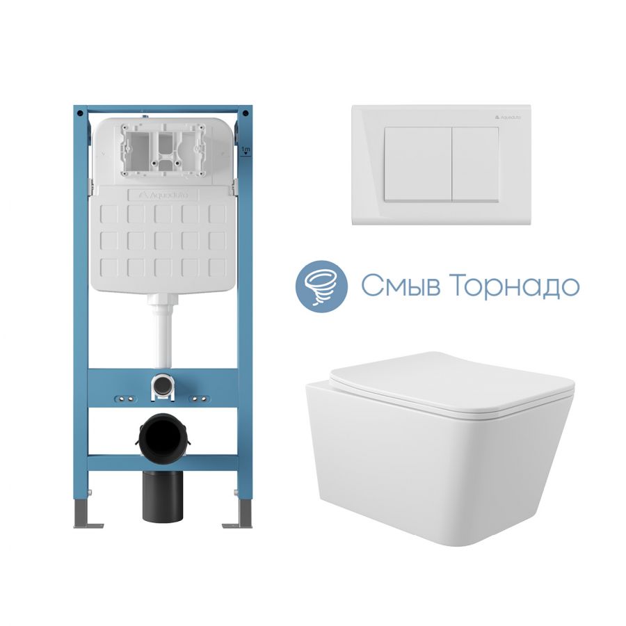 Aqueduto комплект: TECNICA Novo Система инсталляции для подвесного унитаза, QUADRADO Панель смыва, белый глянцевый, MACIO Tornado Унитаз подвесной 520*370 безободковый, Tornado, сиденье с микролифтом, белый глянцевый