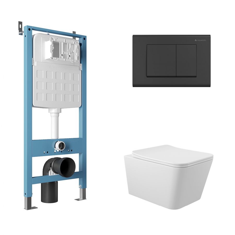 Aqueduto комплект: TECNICA Novo Система инсталляции для подвесного унитаза, QUADRADO Панель смыва, черный матовый, MACIO Унитаз подвесной 520*370 безободковый, сиденье с микролифтом, белый глянцевый