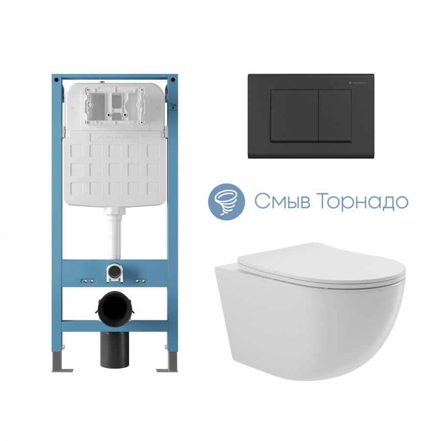 Aqueduto комплект: TECNICA Novo Система инсталляции для подвесного унитаза, QUADRADO Панель смыва, черный матовый, OVO Tornado Унитаз подвесной 525*360 безободковый, Tornado, сиденье с микролифтом, белый глянцевый