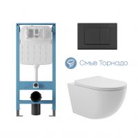 Aqueduto комплект: TECNICA Novo Система инсталляции для подвесного унитаза, QUADRADO Панель смыва, черный матовый, OVO Tornado Унитаз подвесной 525*360 безободковый, Tornado, сиденье с микролифтом, белый глянцевый