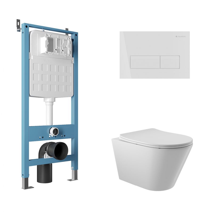 Aqueduto комплект:  TECNICA Novo Система инсталляции для подвесного унитаза, RETANGULO Novo, Панель смыва, белый матовый,CONE Унитаз подвесной 525*360 безободковый, сиденье с микролифтом, белый глянцевый