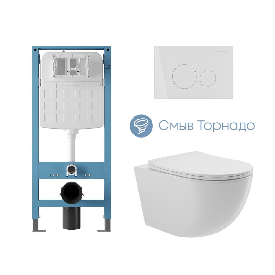 Aqueduto комплект: TECNICA Novo Система инсталляции для подвесного унитаза, CIRCULO Novo Панель смыва, белый глянцевый, OVO Tornado Унитаз подвесной 525*360 безободковый, Tornado, сиденье с микролифтом, белый глянцевый
