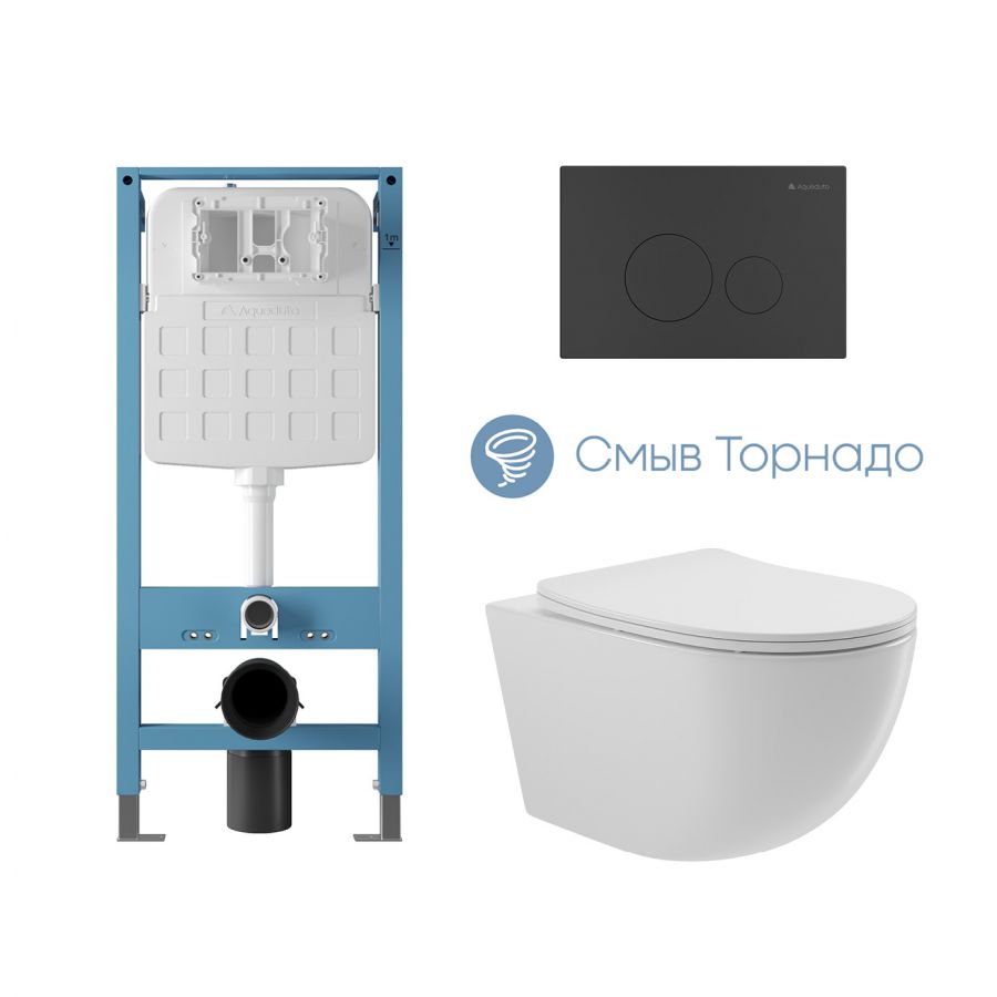 Aqueduto комплект: TECNICA Novo Система инсталляции для подвесного унитаза, CIRCULO Novo Панель смыва, черный матовый, OVO Tornado Унитаз подвесной 525*360 безободковый, Tornado, сиденье с микролифтом, белый глянцевый